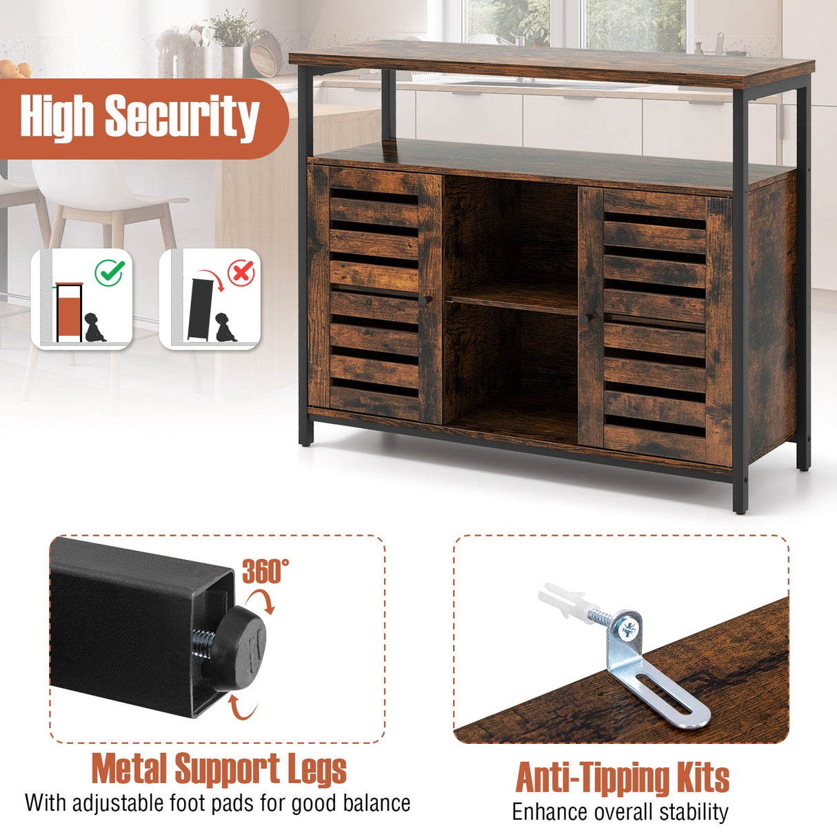 Mueble aparador industrial con puerta de persiana de apertura a presión y 3 estantes ajustables - Marrón rústico