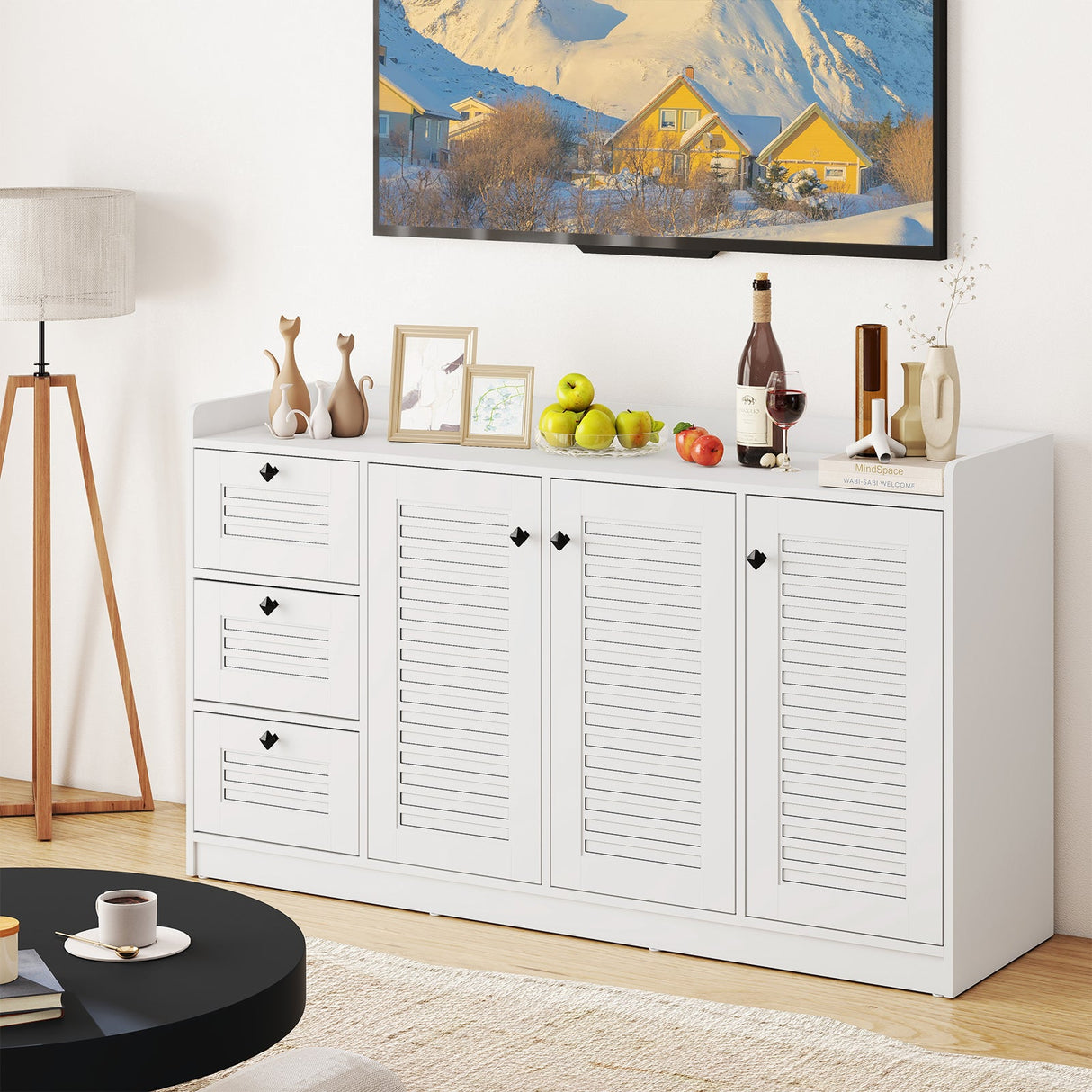 Mueble Buffet con Almacenamiento Aparador Moderno con 3 Puertas-Blanco