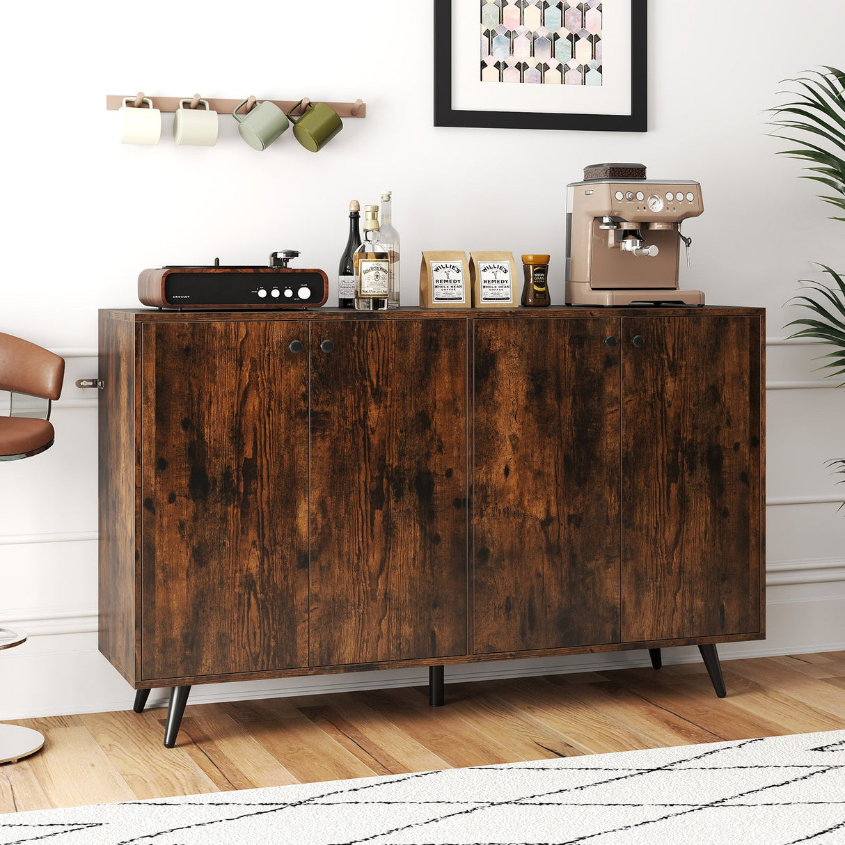 Aparador bufé, mueble de almacenamiento moderno de mediados de siglo con estantes ajustables