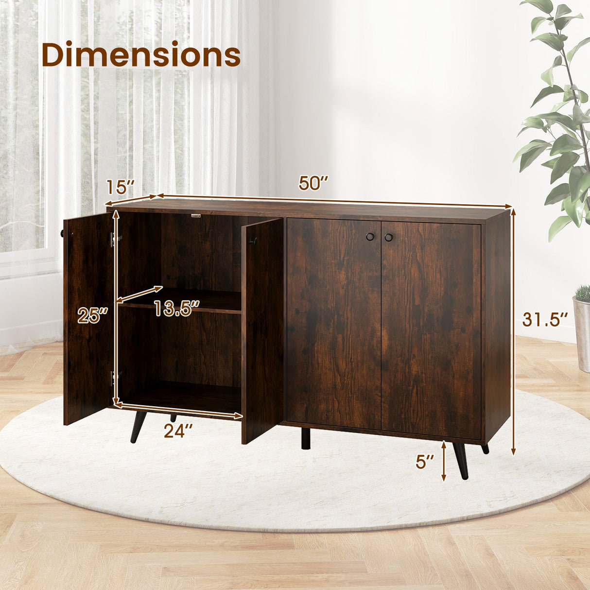 Aparador bufé, mueble de almacenamiento moderno de mediados de siglo con estantes ajustables