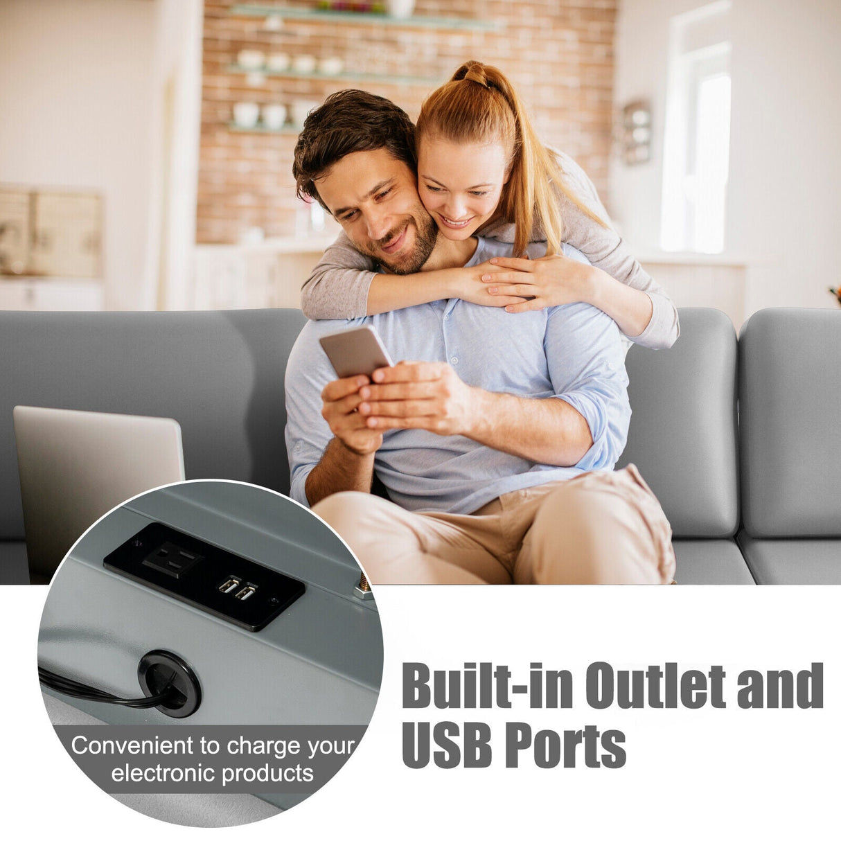 Modular L-shaped Sectional Sofa with Reversible Ottoman and 2 USB Ports