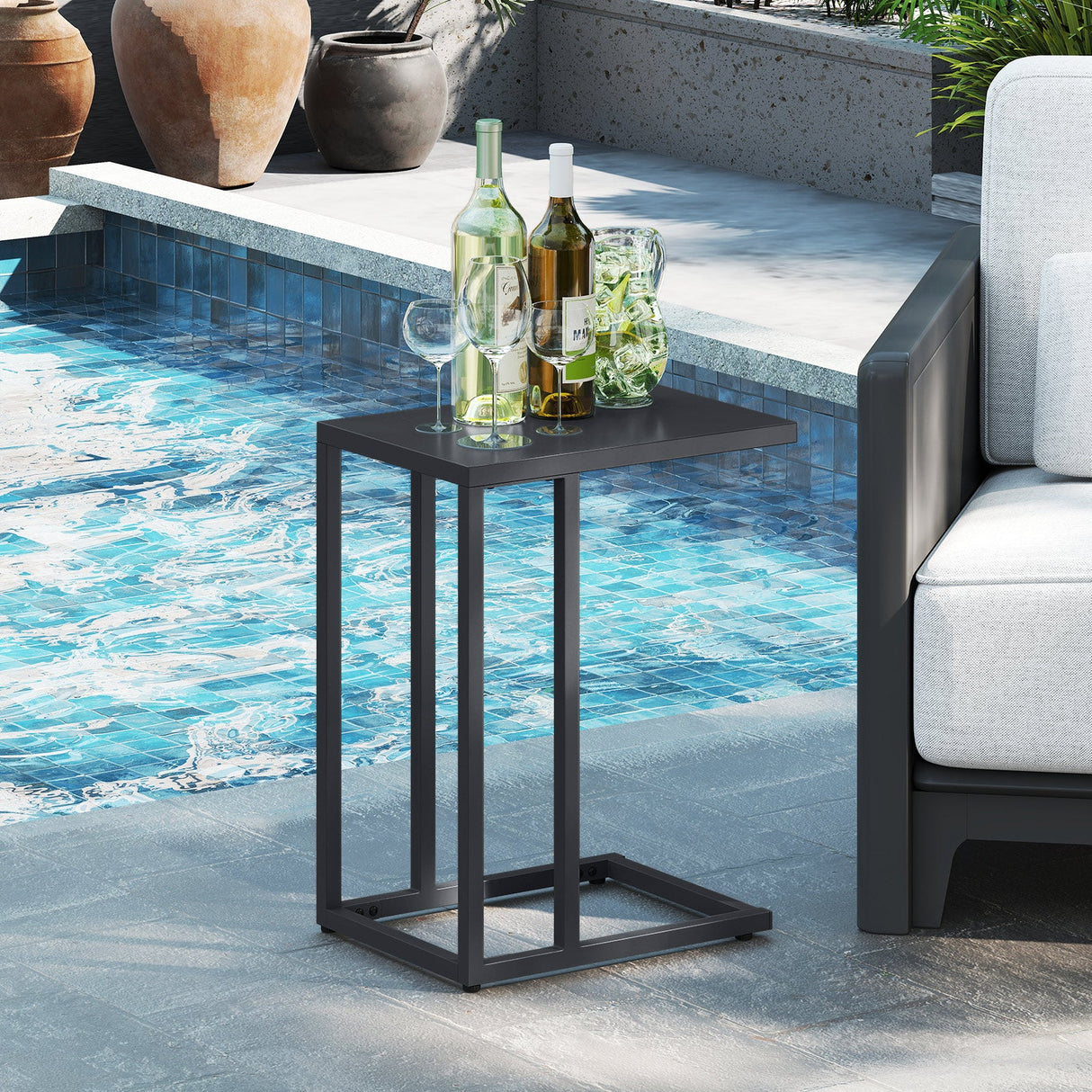 Mesa Auxiliar en Forma de C con Patas Ajustables para Sala de Estar Dormitorio-Gris Oscuro