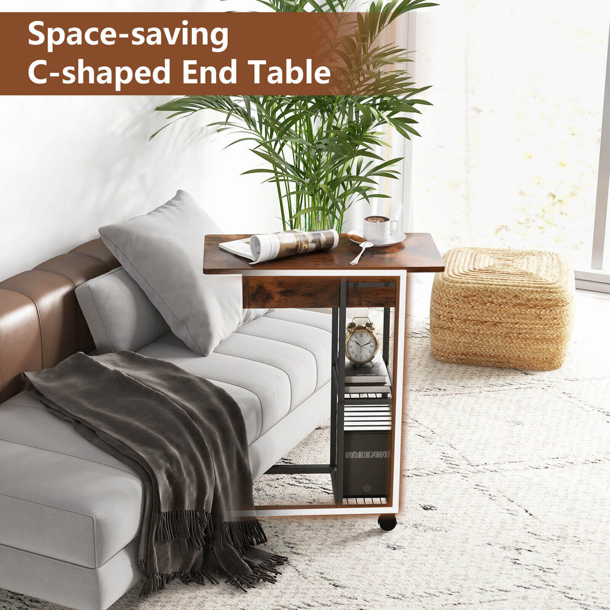 C-Shaped End Side Table with Charging Station and Wheels-Rustic Brown