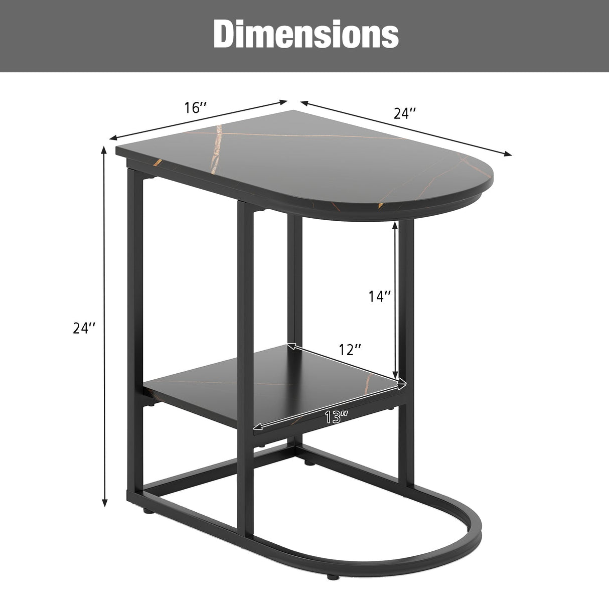 C-shaped Modern Sofa Side Table with Faux Marble Tabletop and Storage Shelf