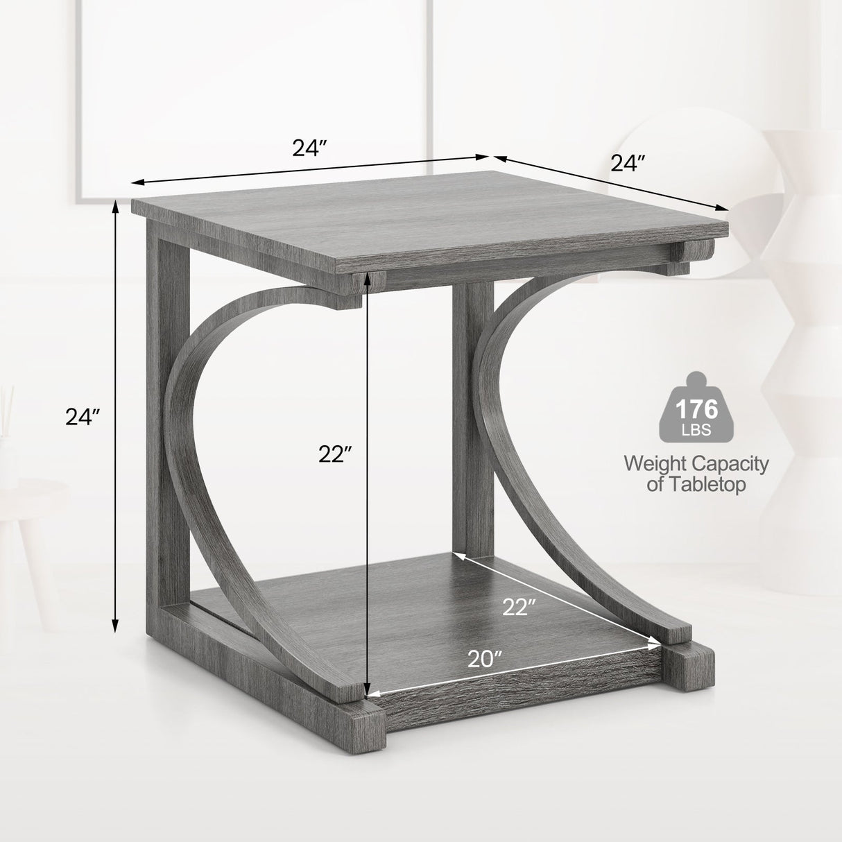 C-shaped 24 Inch 2 Tier Square End Table Sofa Side Table-Grey