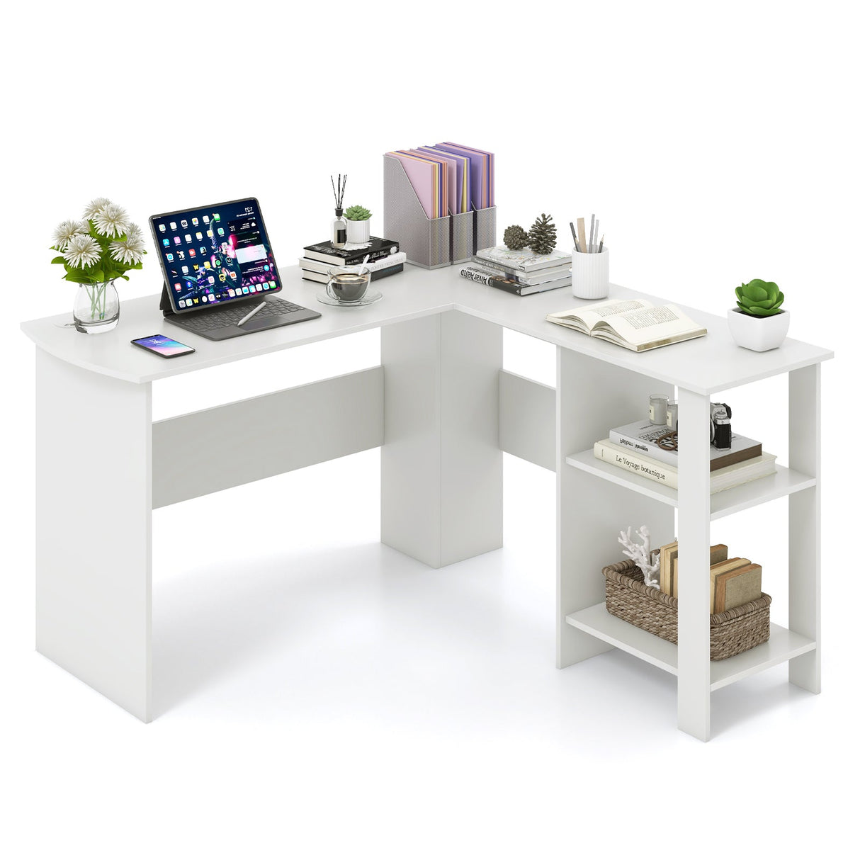 Escritorio esquinero grande y moderno en forma de L con 2 orificios para cables y 2 estantes de almacenamiento - Blanco