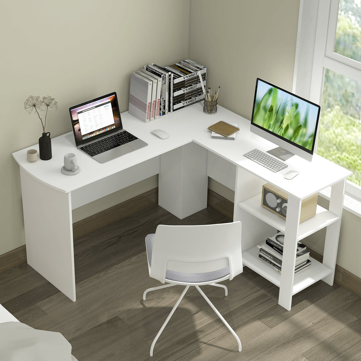 Escritorio esquinero grande y moderno en forma de L con 2 orificios para cables y 2 estantes de almacenamiento - Blanco
