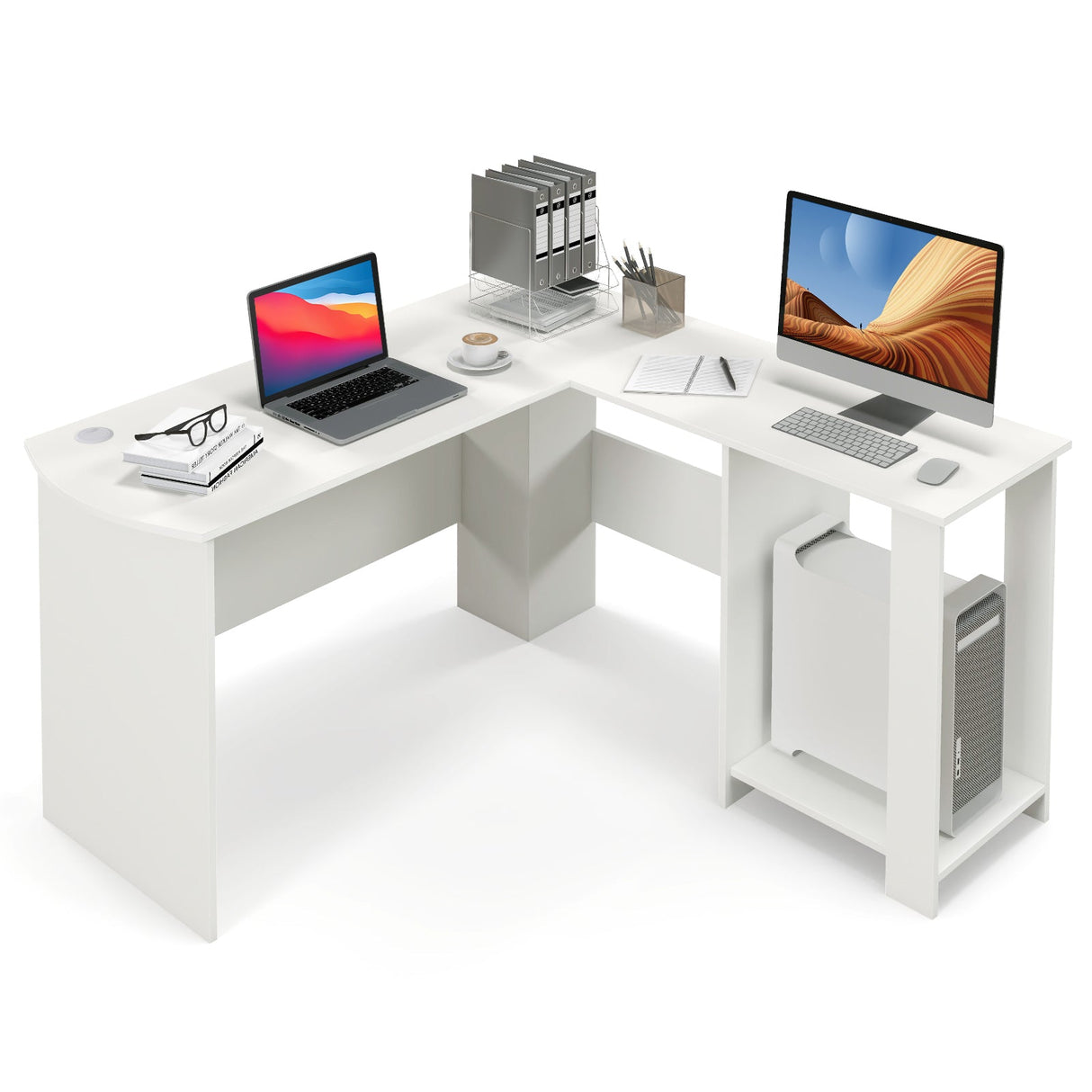 Escritorio esquinero grande y moderno en forma de L con 2 orificios para cables y 2 estantes de almacenamiento - Blanco