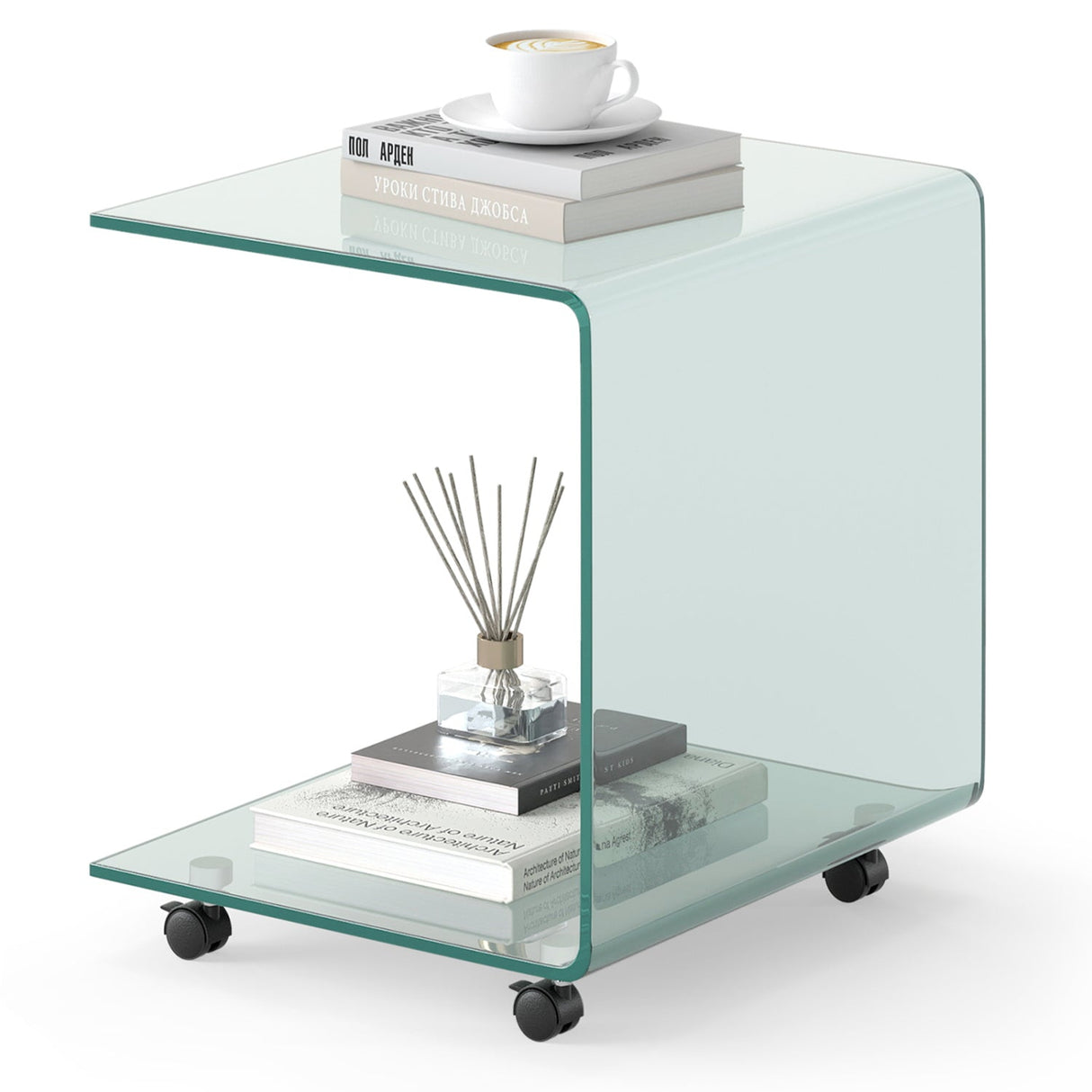 Mesa auxiliar en forma de C, de cristal templado moderno, con estante