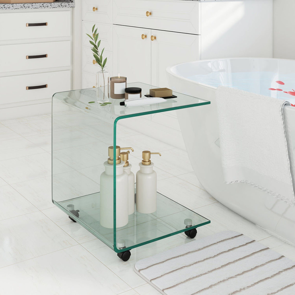 Mesa auxiliar en forma de C, de cristal templado moderno, con estante