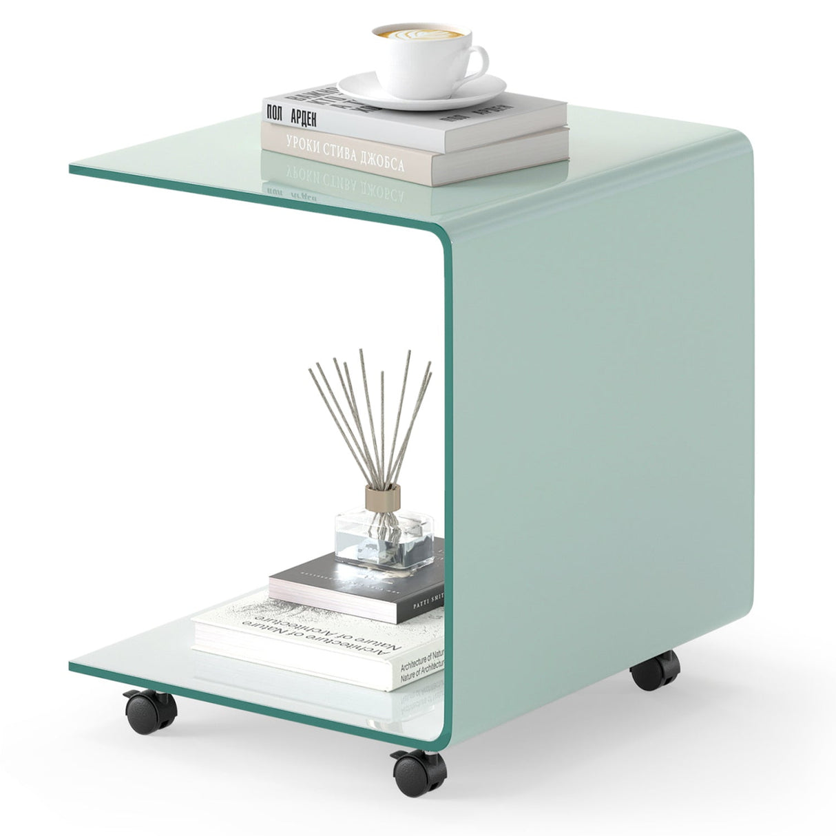 Mesa auxiliar en forma de C, de cristal templado moderno, con estante