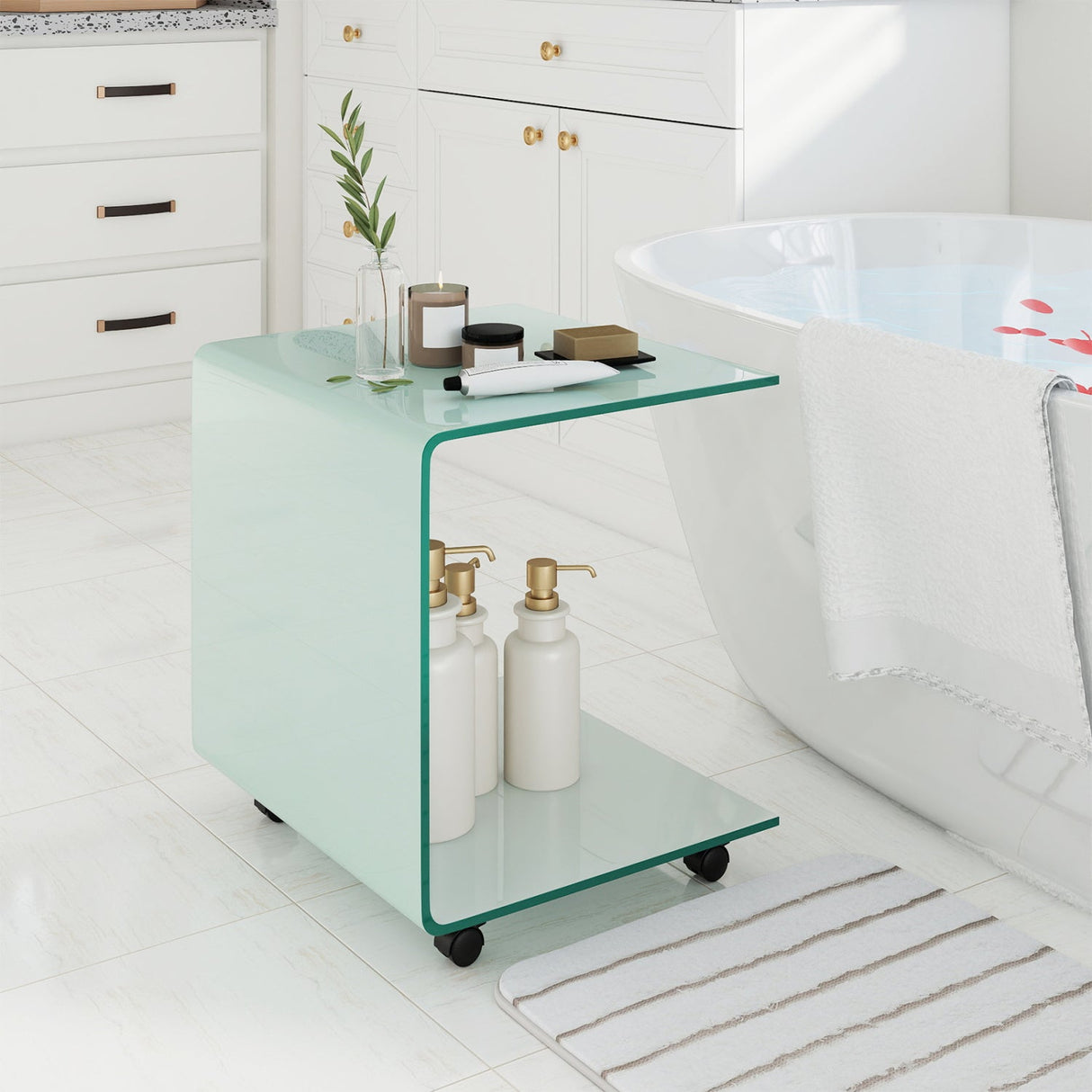 Mesa auxiliar en forma de C, de cristal templado moderno, con estante