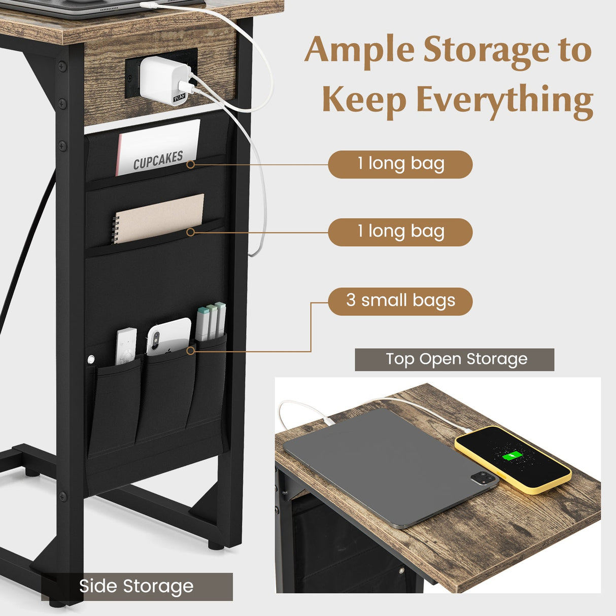 Set of 2 C Shaped End Table with Charging Station-Rustic Brown