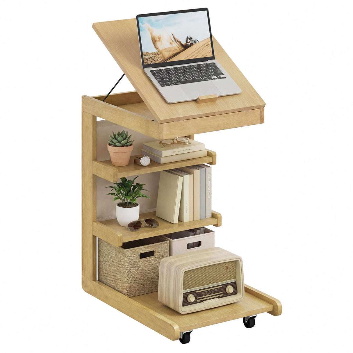 Mesa auxiliar en forma de C con ruedas y tablero ajustable para sofá, cama o mesilla de noche