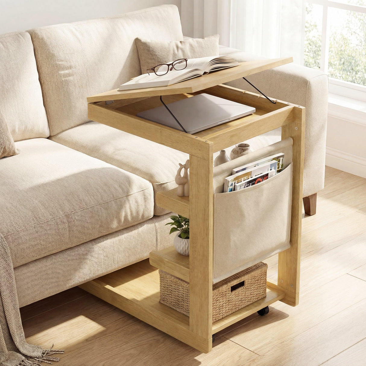 Mesa auxiliar en forma de C con ruedas y tablero ajustable para sofá, cama o mesilla de noche