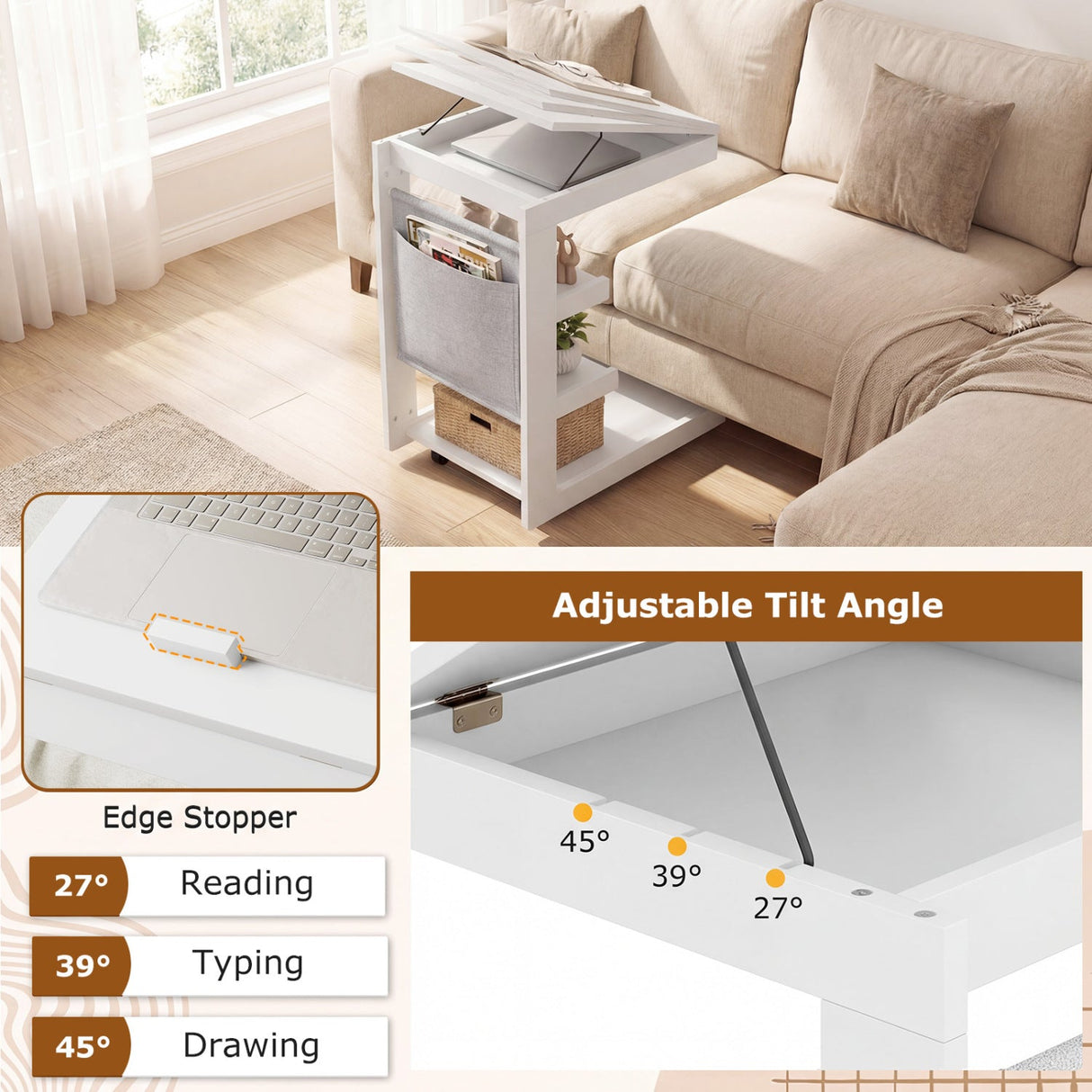 Mesa auxiliar en forma de C con ruedas y tablero ajustable para sofá, cama o mesilla de noche
