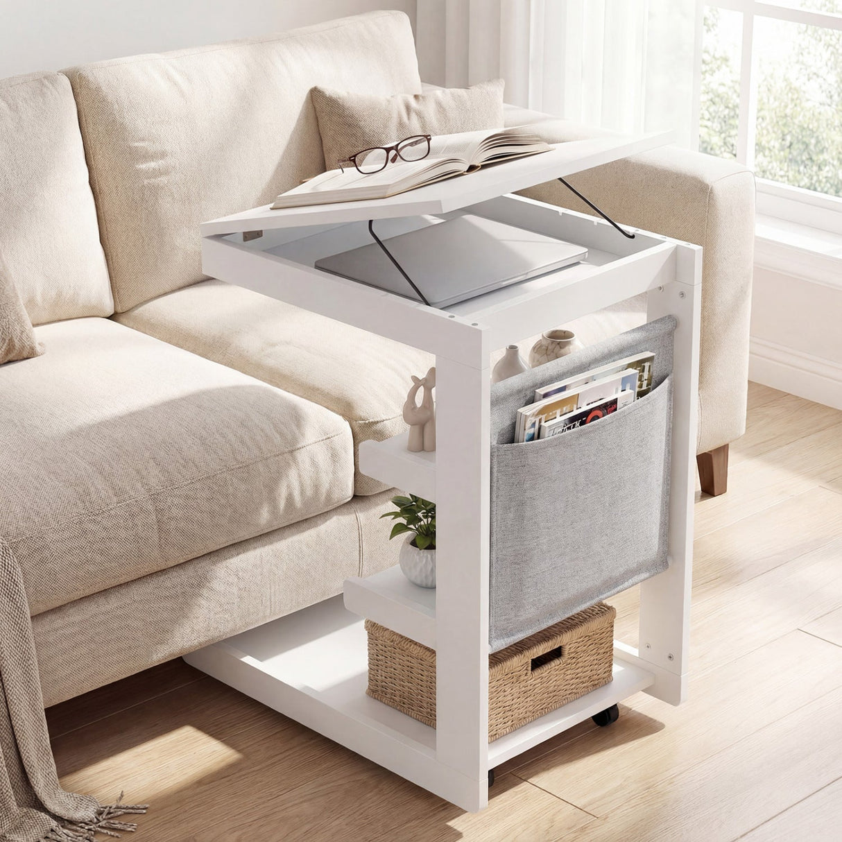 Mesa auxiliar en forma de C con ruedas y tablero ajustable para sofá, cama o mesilla de noche