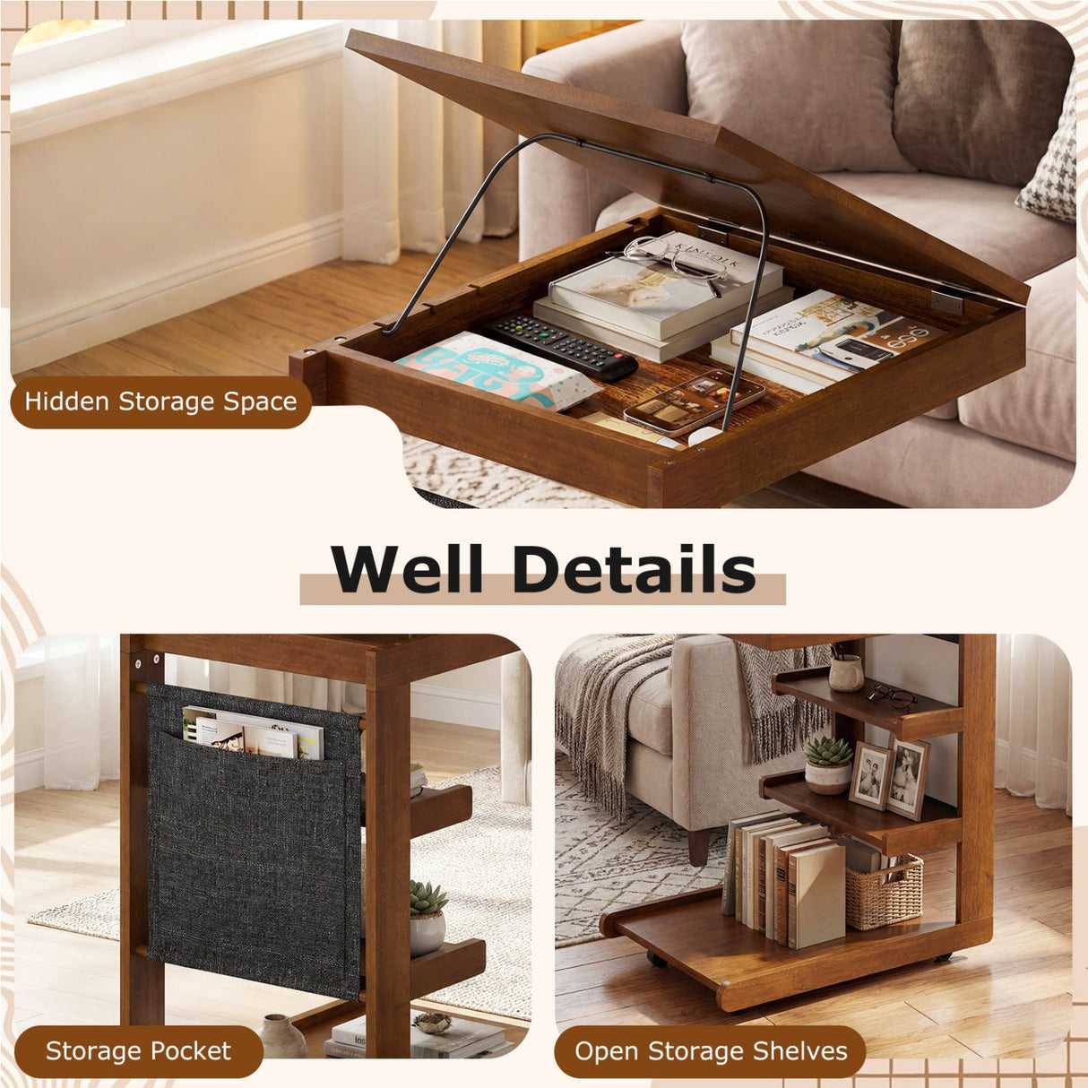 Mesa auxiliar en forma de C con ruedas y tablero ajustable para sofá, cama o mesilla de noche