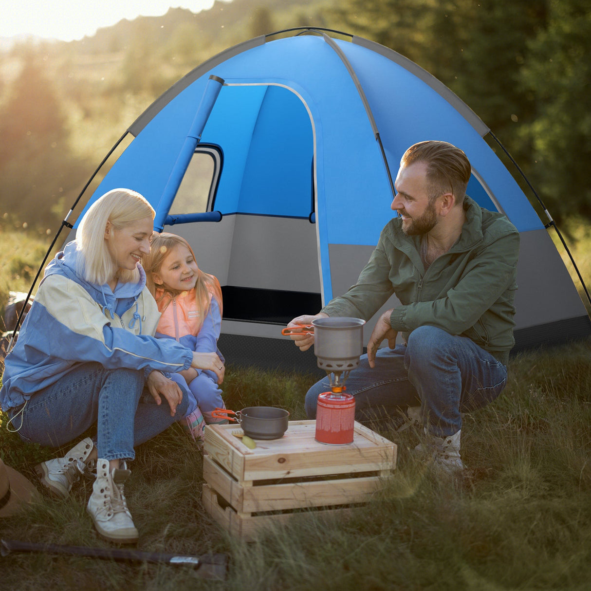 Tienda de camping exterior para 3 personas con alfombrilla de suelo extraíble para camping, senderismo, viajes - Azul