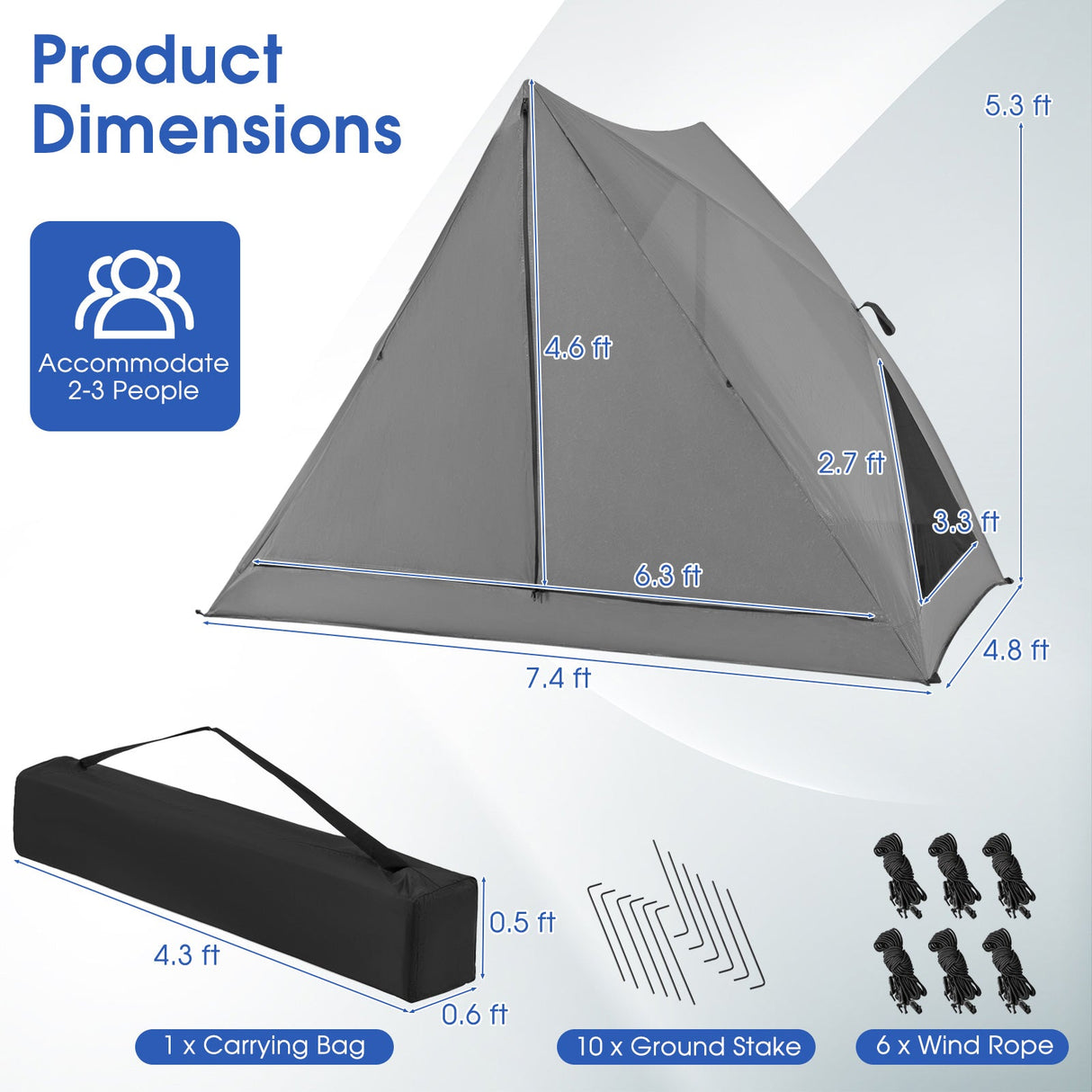 Tienda de campaña emergente para 2-3 personas con bolsa de transporte y doble techo para mochileros, senderismo, viajes - Gris