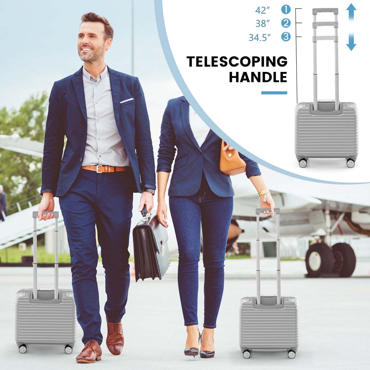 Equipaje de mano de 16 pulgadas para debajo del asiento con ruedas giratorias y compartimento para portátil - Plateado