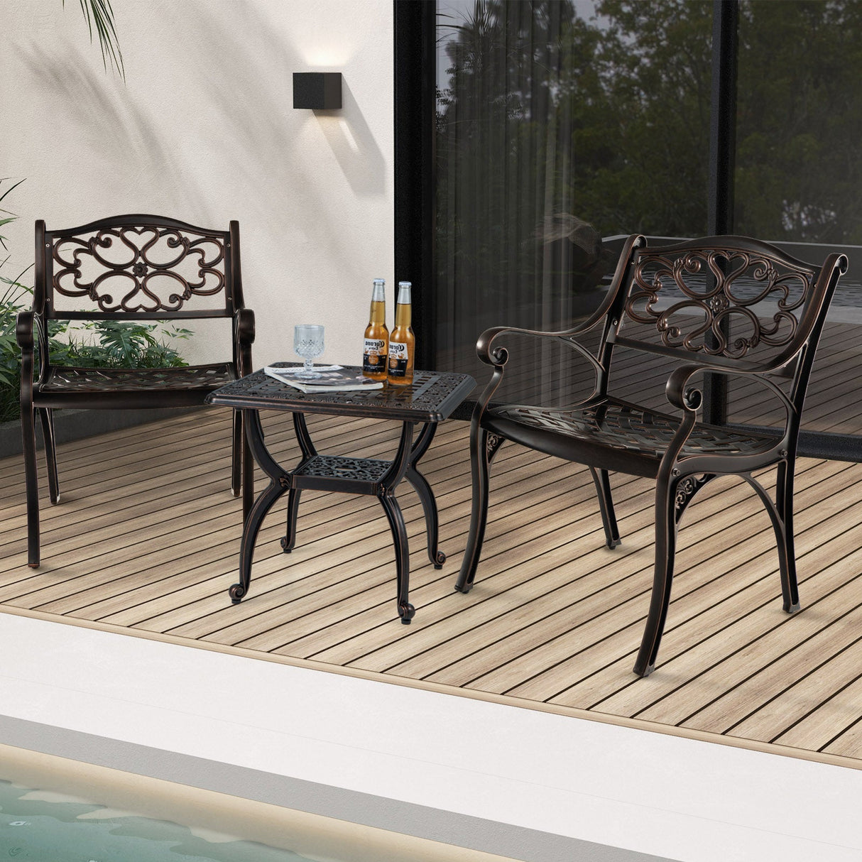 Sillas de comedor de aluminio fundido, juego de 2 con reposabrazos para patio, patrón de flores, bronce