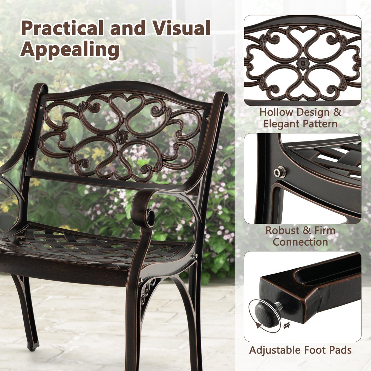 Sillas de comedor de aluminio fundido, juego de 2 con reposabrazos para patio, patrón de flores, bronce