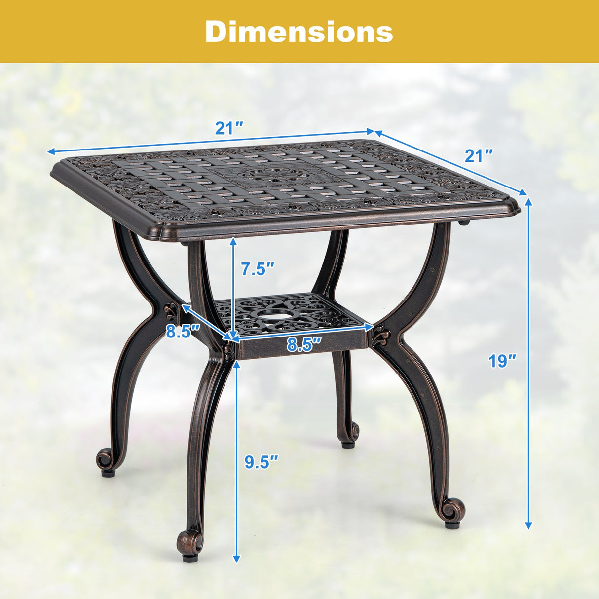 Mesa auxiliar de exterior de aluminio fundido con estante de almacenamiento para jardín, porche o balcón - Marrón rústico