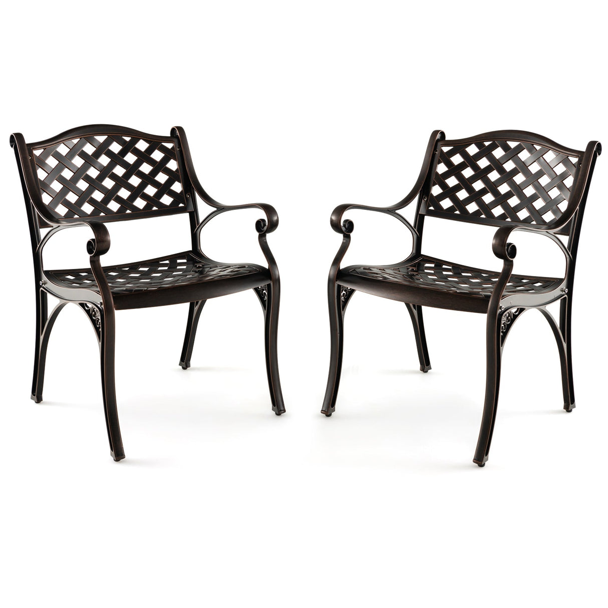 Juego de 2 sillas de comedor de patio de aluminio fundido con reposabrazos, patrón de rombos, bronce