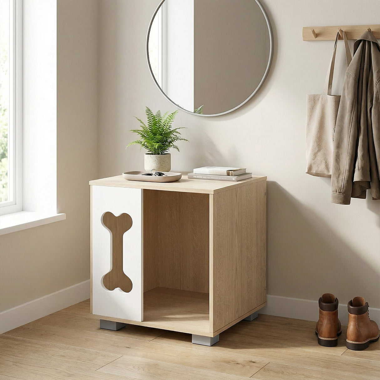 Cat Bed Side Table Wooden Cat Condo with Bone-shape Window and Thick Metal Legs-Natural