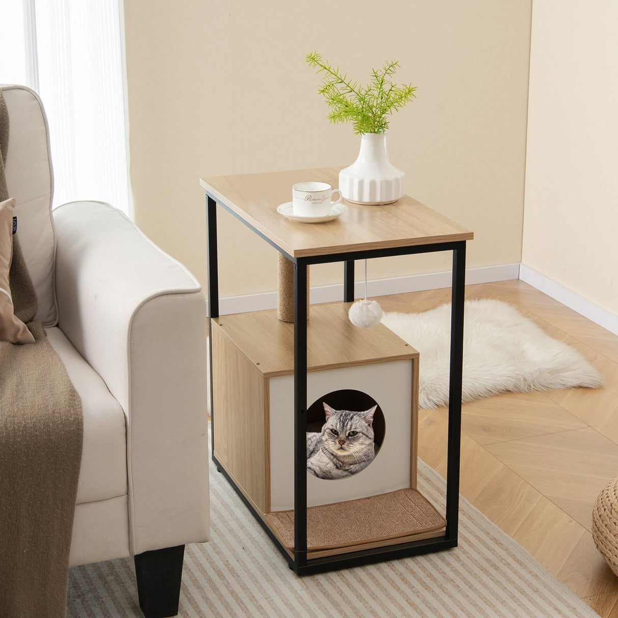 Mesa Auxiliar para Gatos, Casa para Gatos con Poste Rascador