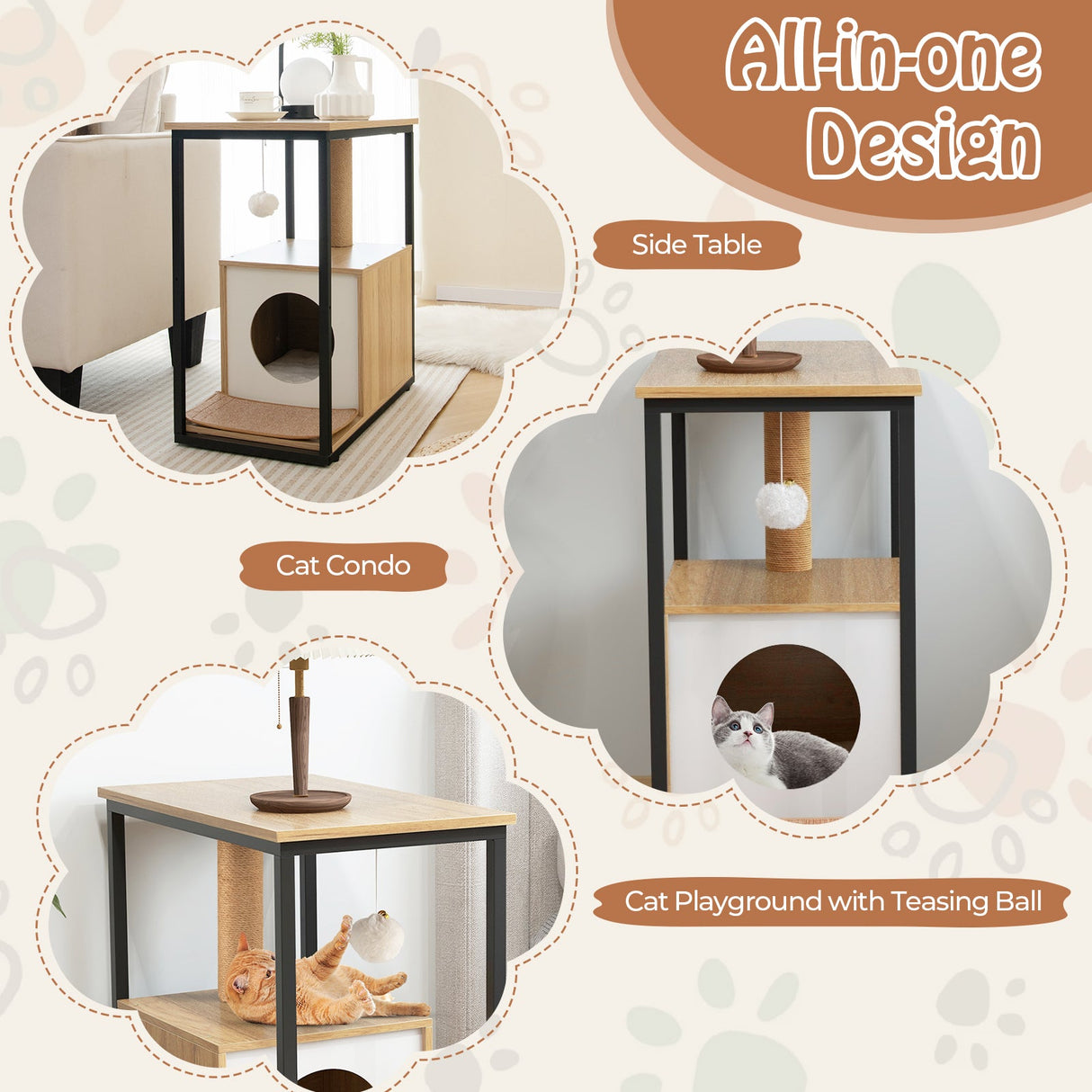 Mesa Auxiliar para Gatos, Casa para Gatos con Poste Rascador