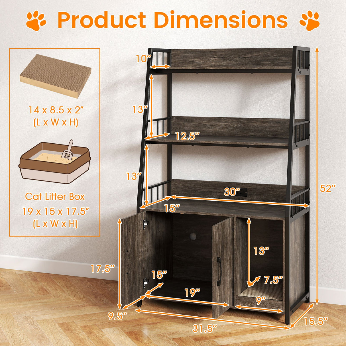 Arenero para gatos con estantes de almacenamiento y rascador