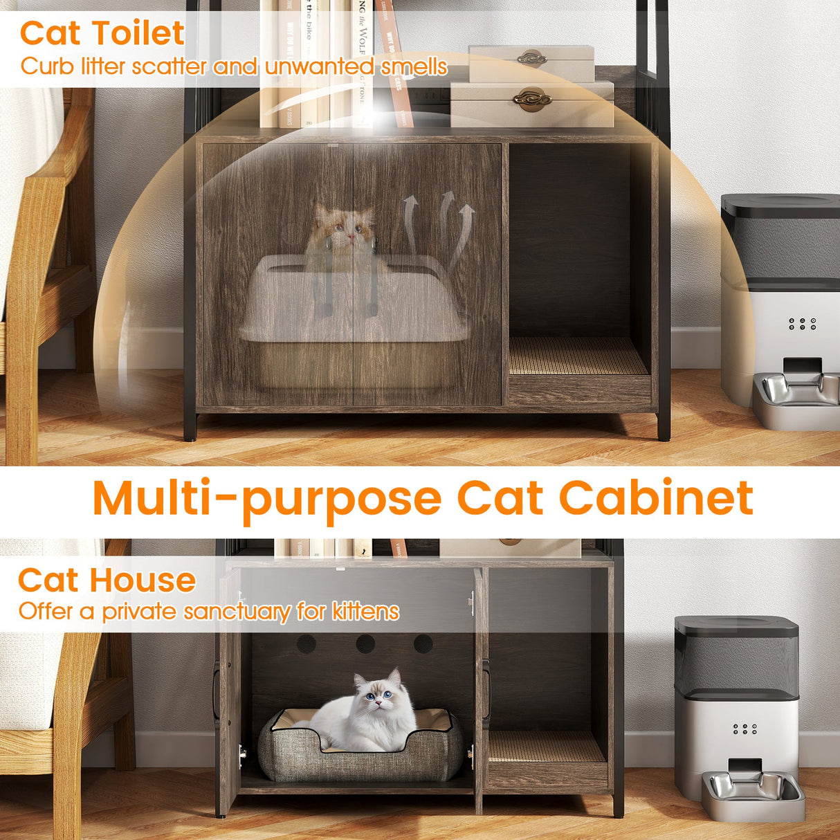 Arenero para gatos con estantes de almacenamiento y rascador