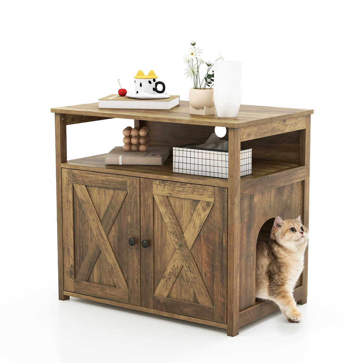 Cat Litter Box Enclosure with Double Barn Doors Divider Side Entry and Storage Shelf