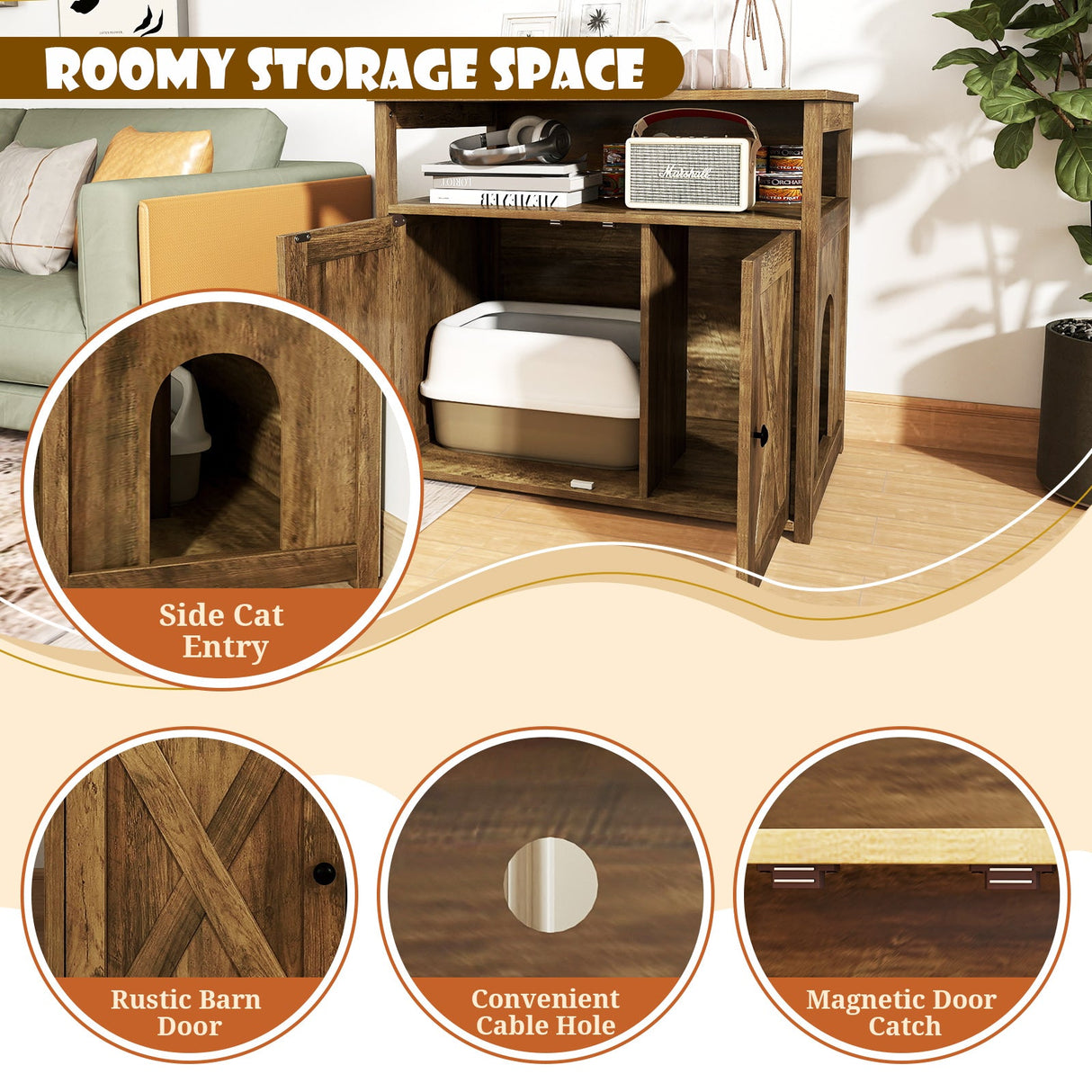 Cat Litter Box Enclosure with Double Barn Doors Divider Side Entry and Storage Shelf