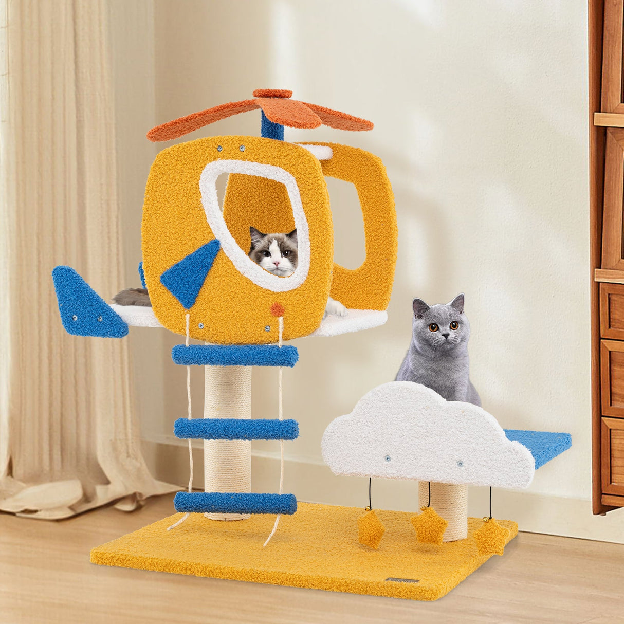 Árbol/Torre de Gatos Temática de Aviación Pequeña de Interiores con Percha Superior de Helicóptero - Amarillo