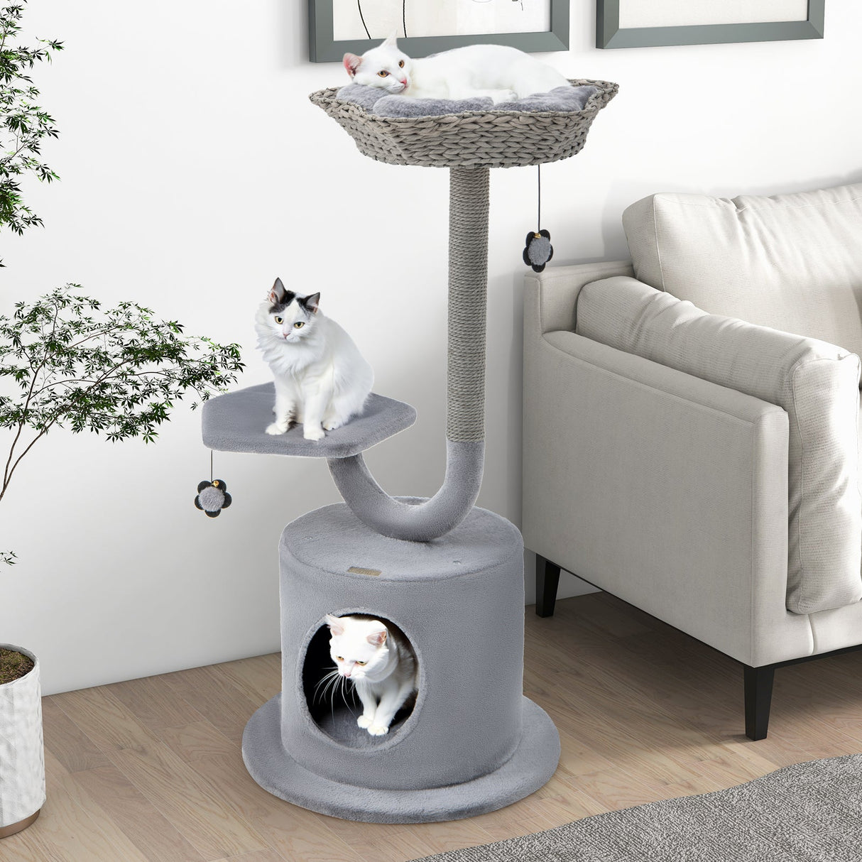 Torre para gatos de 42 pulgadas de alto con estructura de metal curvado para gatos grandes y pequeños - Gris