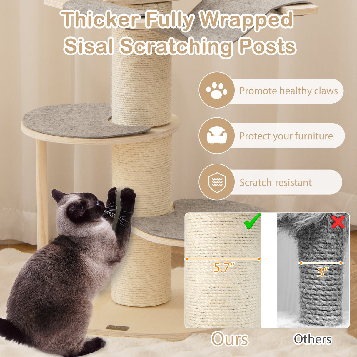 Árbol rascador para gatos de 47 pulgadas para interiores con postes rascadores de sisal engrosado - Gris