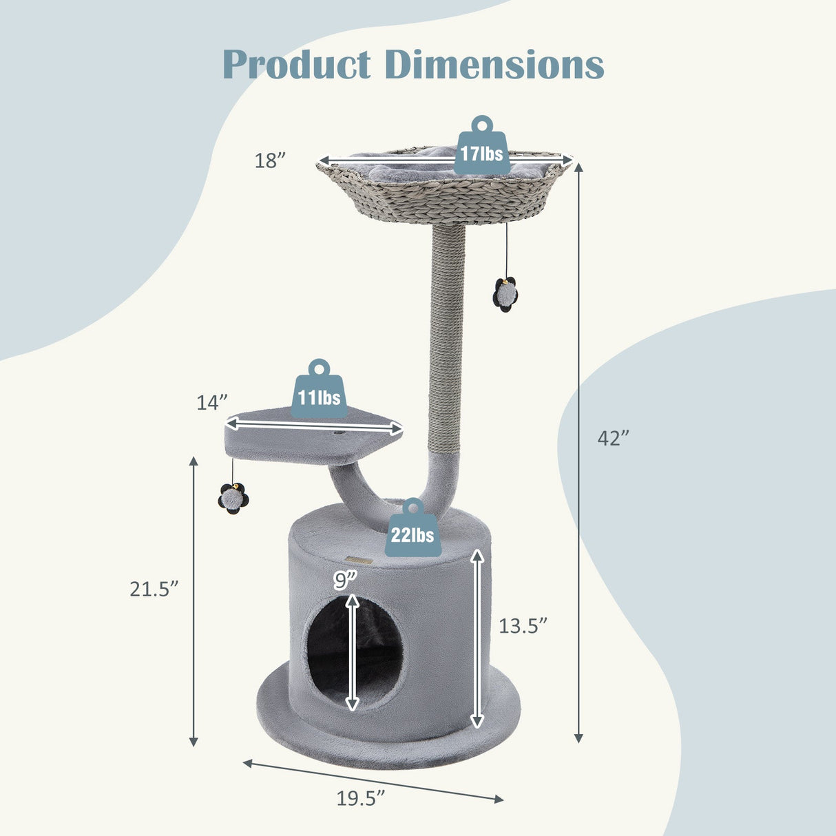 Torre para gatos de 42 pulgadas de alto con estructura de metal curvado para gatos grandes y pequeños - Gris