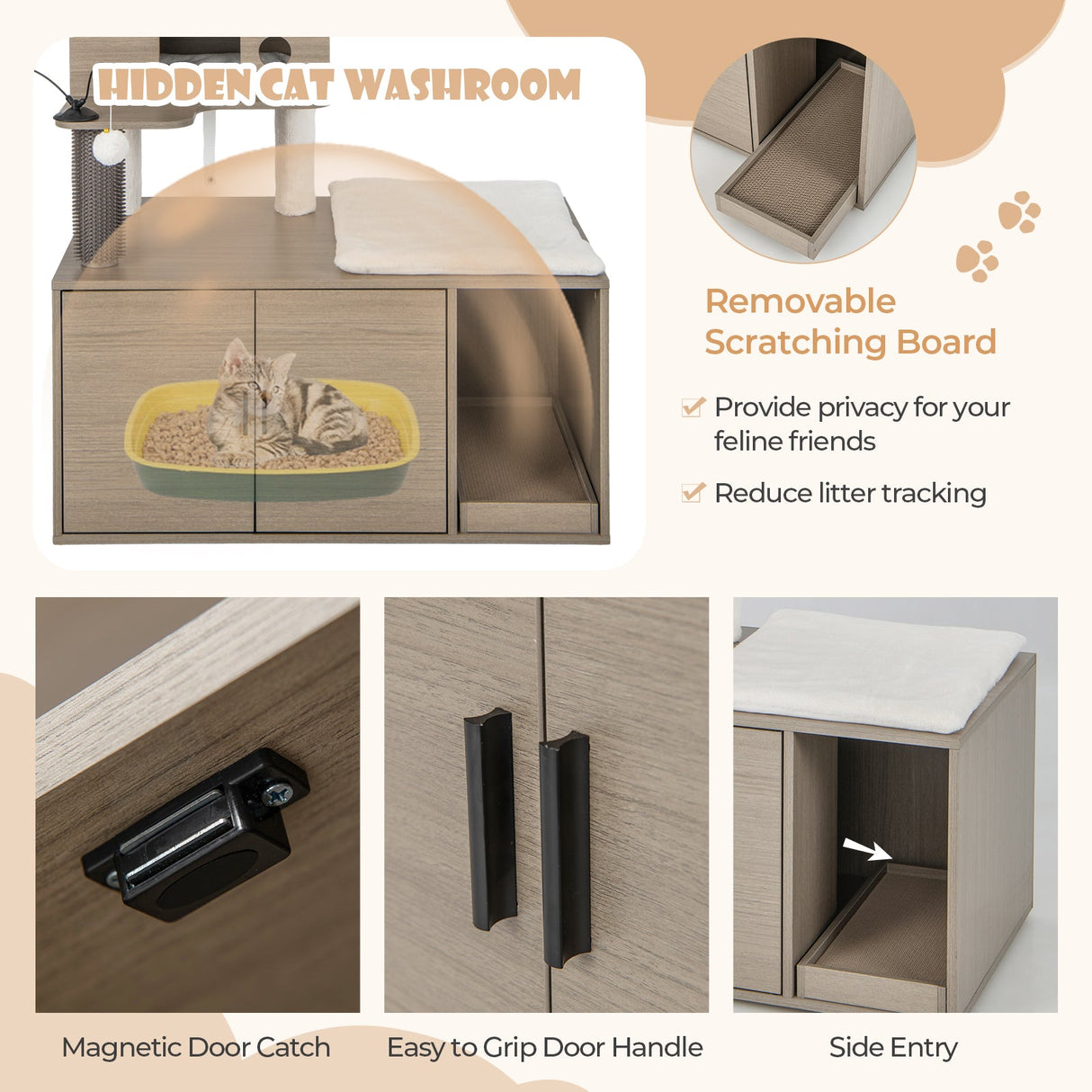 Torre moderna 2 en 1 para gatos con recinto para arenero para gatos de interior-Gris