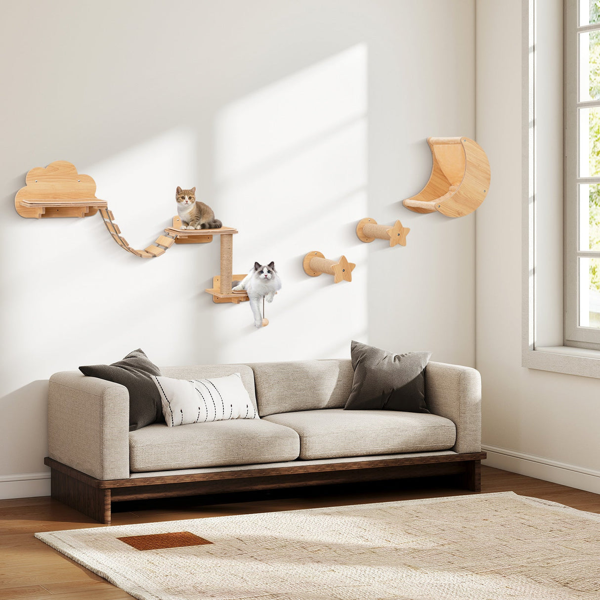 Conjunto de muebles de pared para gatos Estantes montados en la pared para gatitos con hamaca - Natural