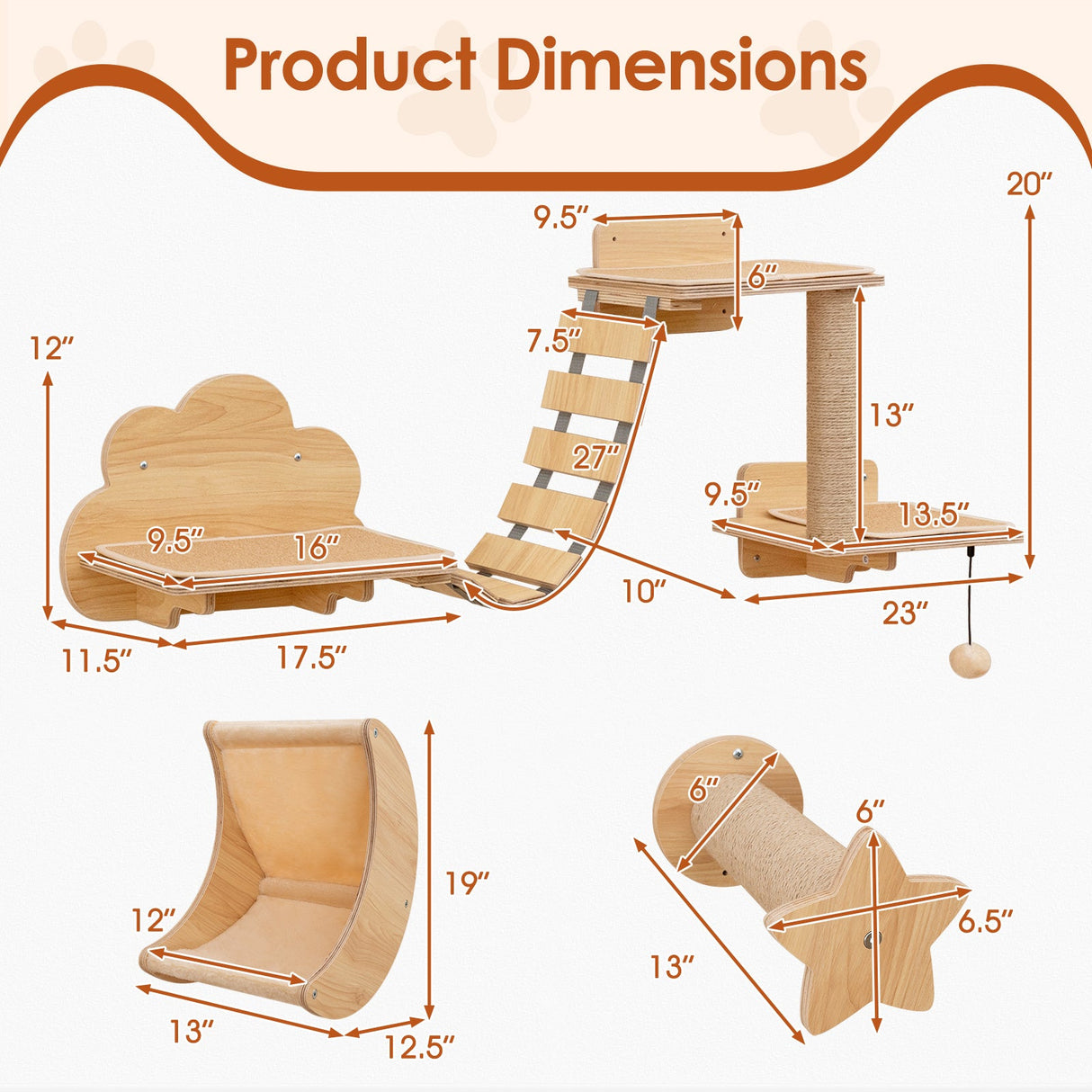Conjunto de muebles de pared para gatos Estantes montados en la pared para gatitos con hamaca - Natural