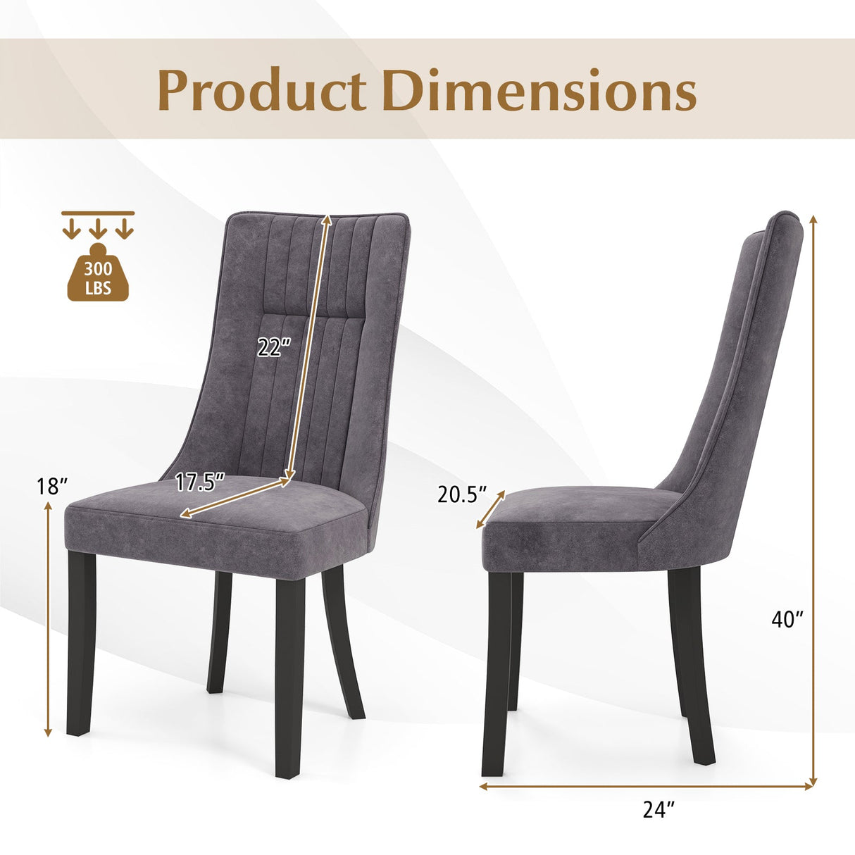 Juego de 2 sillas de comedor tapizadas con diseño de canalé y respaldo alto para cocina - Gris
