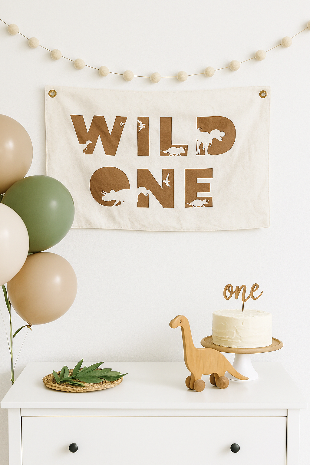 Banderín de lona de primer cumpleaños "Wild One" - Temática de dinosaurios