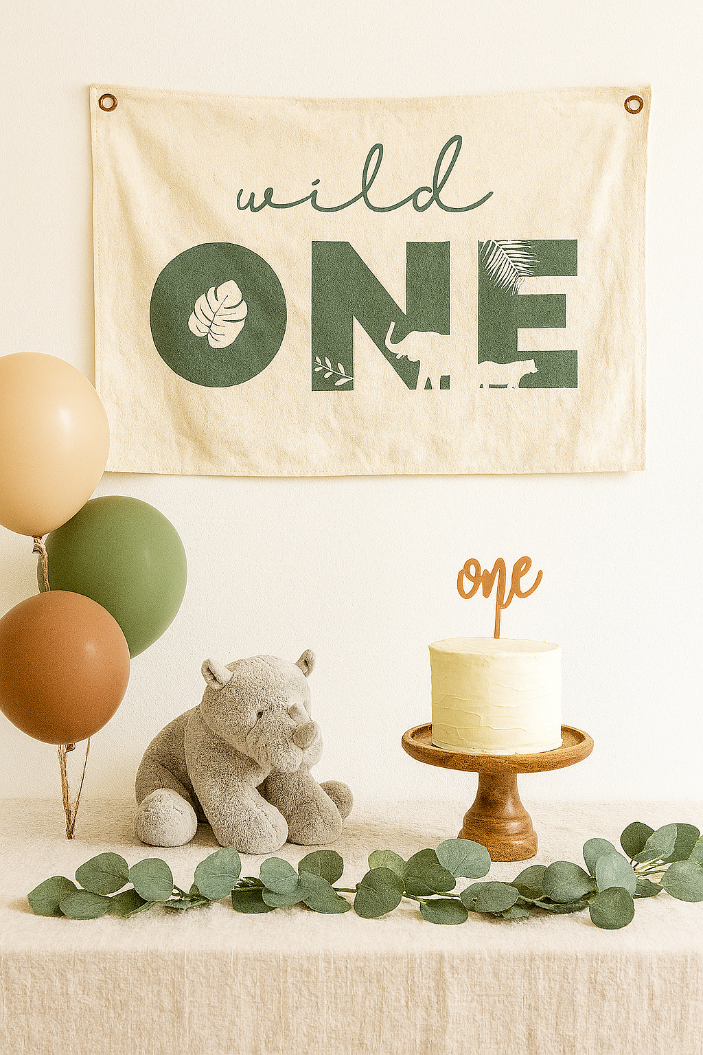 Banner de lona para primer cumpleaños "Wild One" - Temática de la selva