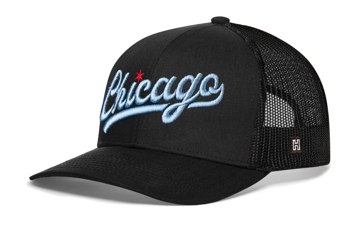 Chicago Light Blue Script Trucker Hat | Illinois Snapback