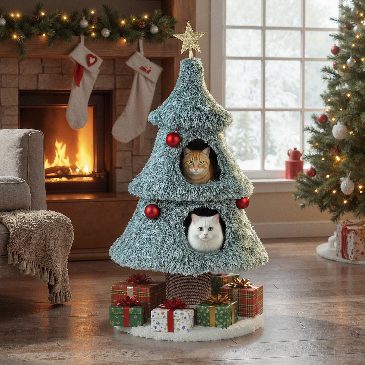 Árbol de Navidad para Gatos de Interior de 48.5 Pulgadas, Bonita Torre para Gatos con 2 Grandes Condominios y Rascador - Verde