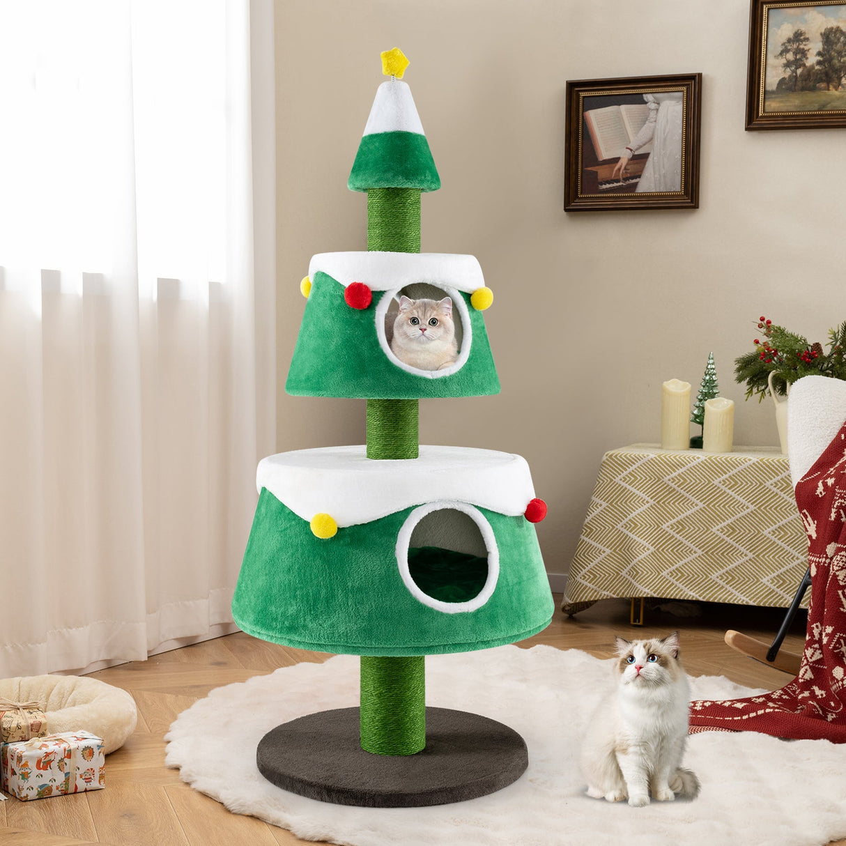 Árbol de Navidad para gatos de interior, torre para gatos con 2 condominios, diseño de vacaciones, color verde