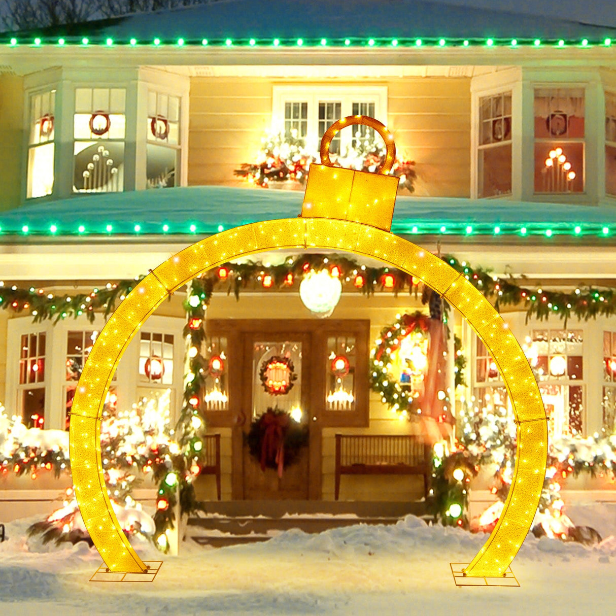 Arco de Navidad preiluminado de 3.20 metros con remate de adorno dorado y 300 luces LED blancas cálidas